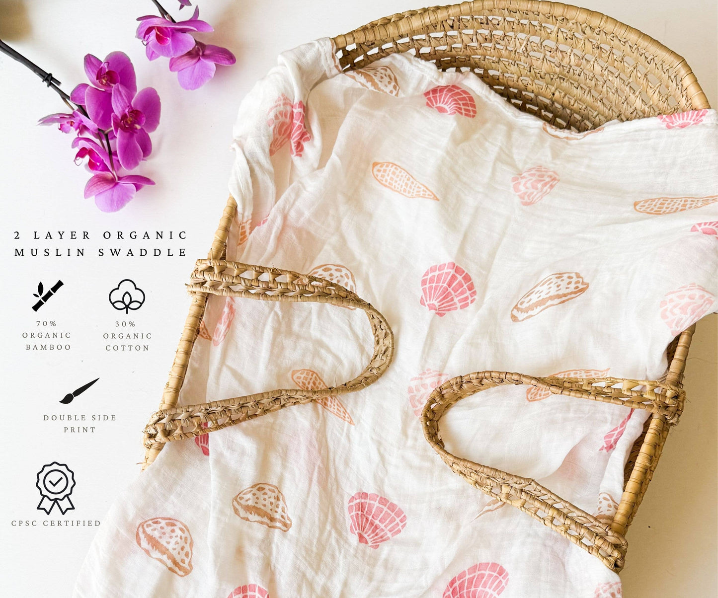 Seashell Print Organic Bamboo Swaddle