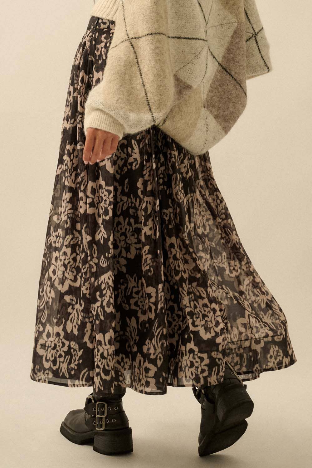 Floral Organza Pleated Circle Midi Skirt