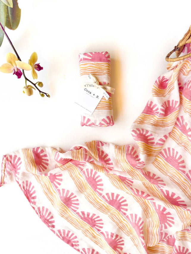 Pink Sun + Wave Organic Bamboo Swaddle