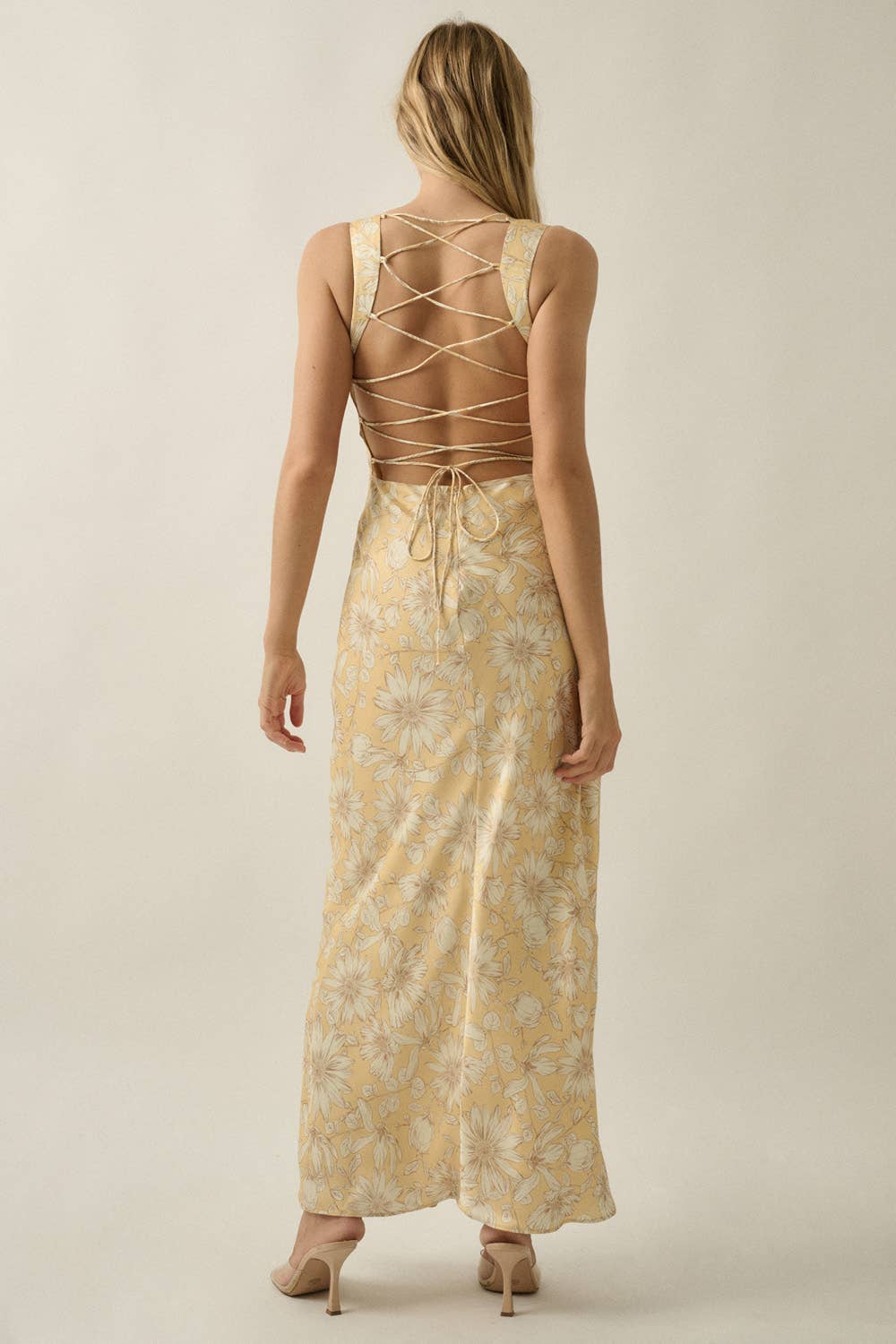 Satin Open-Back Lace Up Maxi Dress
