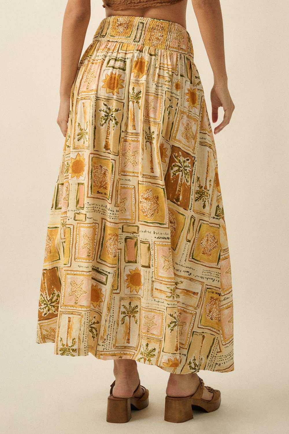 Smocked Drop Waist Button-Detail Maxi Skirt