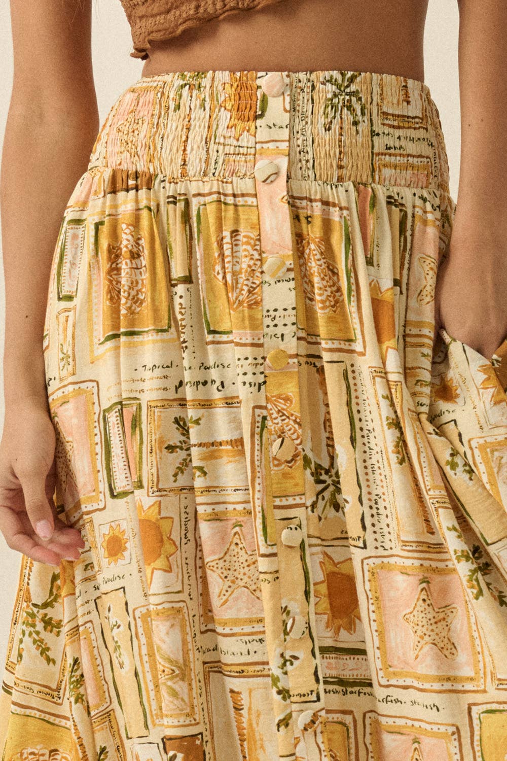 Smocked Drop Waist Button-Detail Maxi Skirt