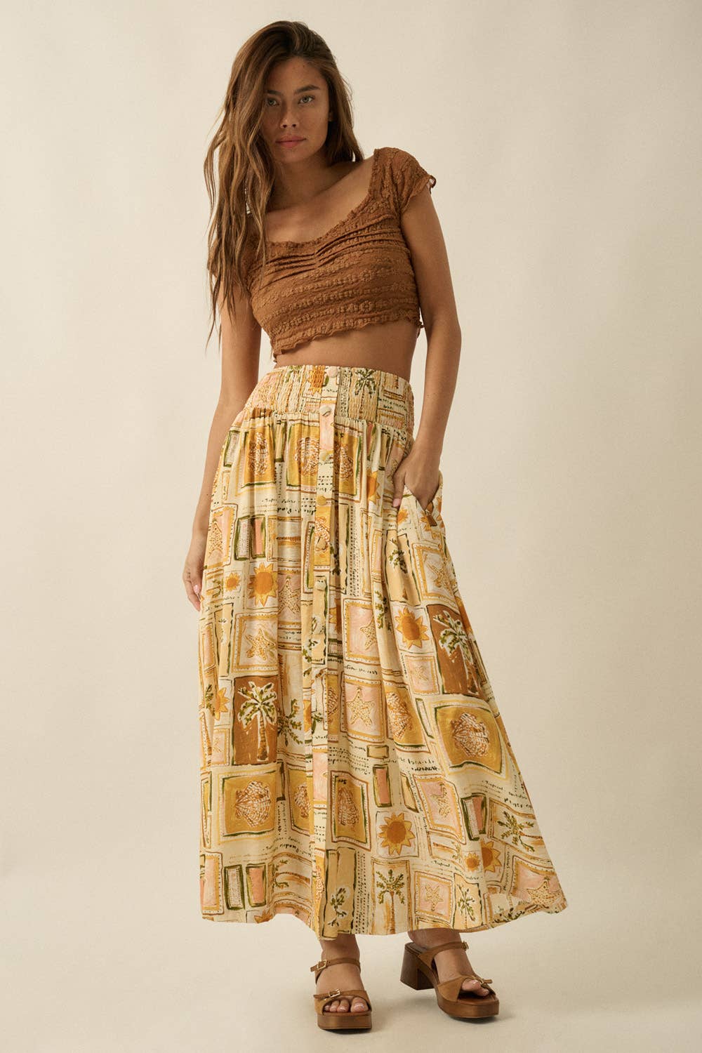 Smocked Drop Waist Button-Detail Maxi Skirt