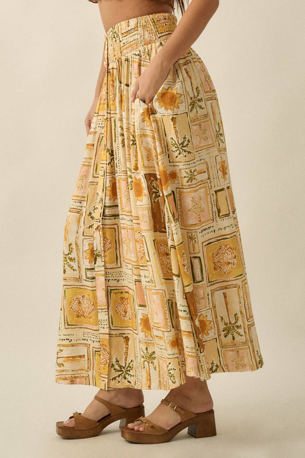 Smocked Drop Waist Button-Detail Maxi Skirt