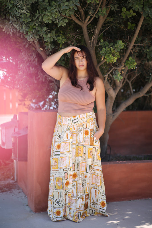 Smocked Drop Waist Button-Detail Maxi Skirt