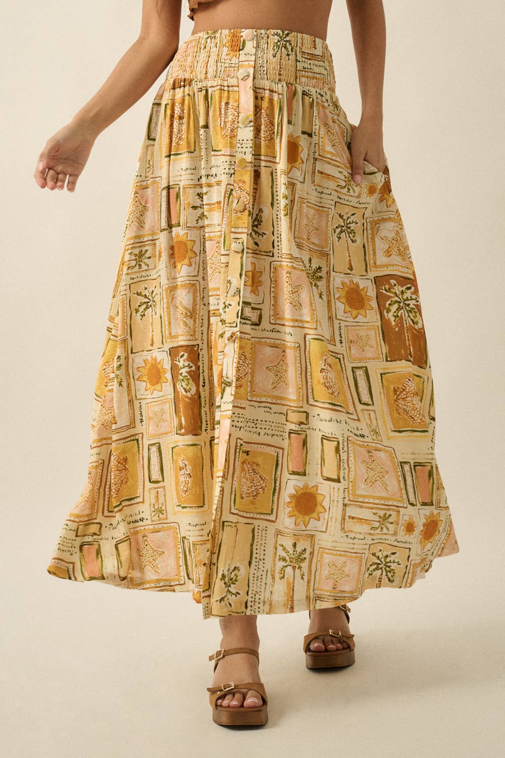 Smocked Drop Waist Button-Detail Maxi Skirt