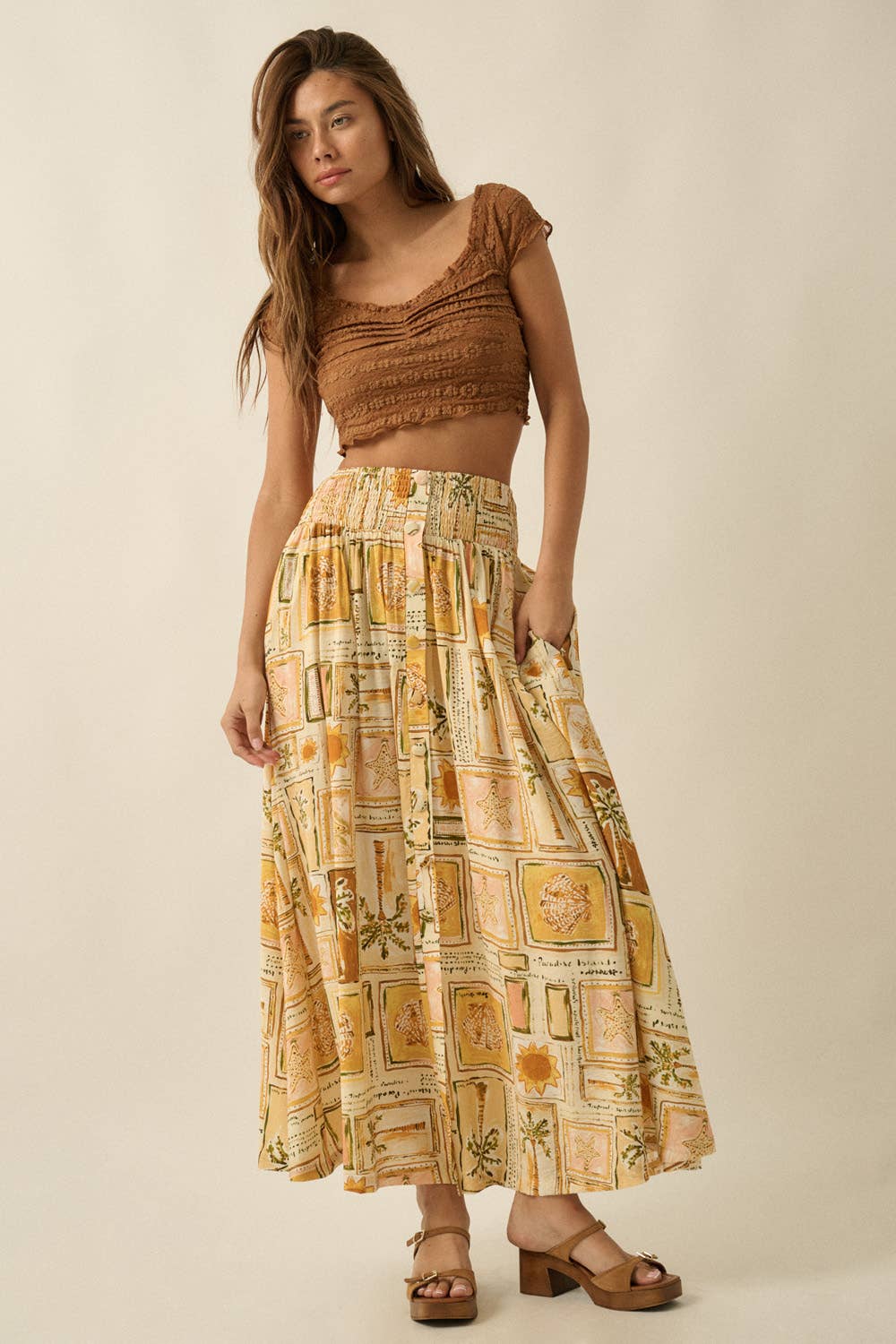 Smocked Drop Waist Button-Detail Maxi Skirt