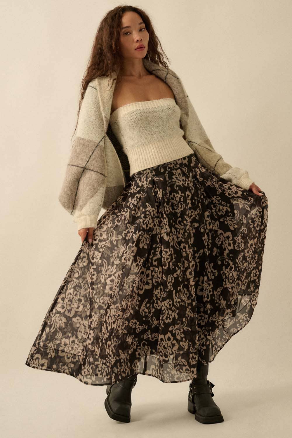 Floral Organza Pleated Circle Midi Skirt