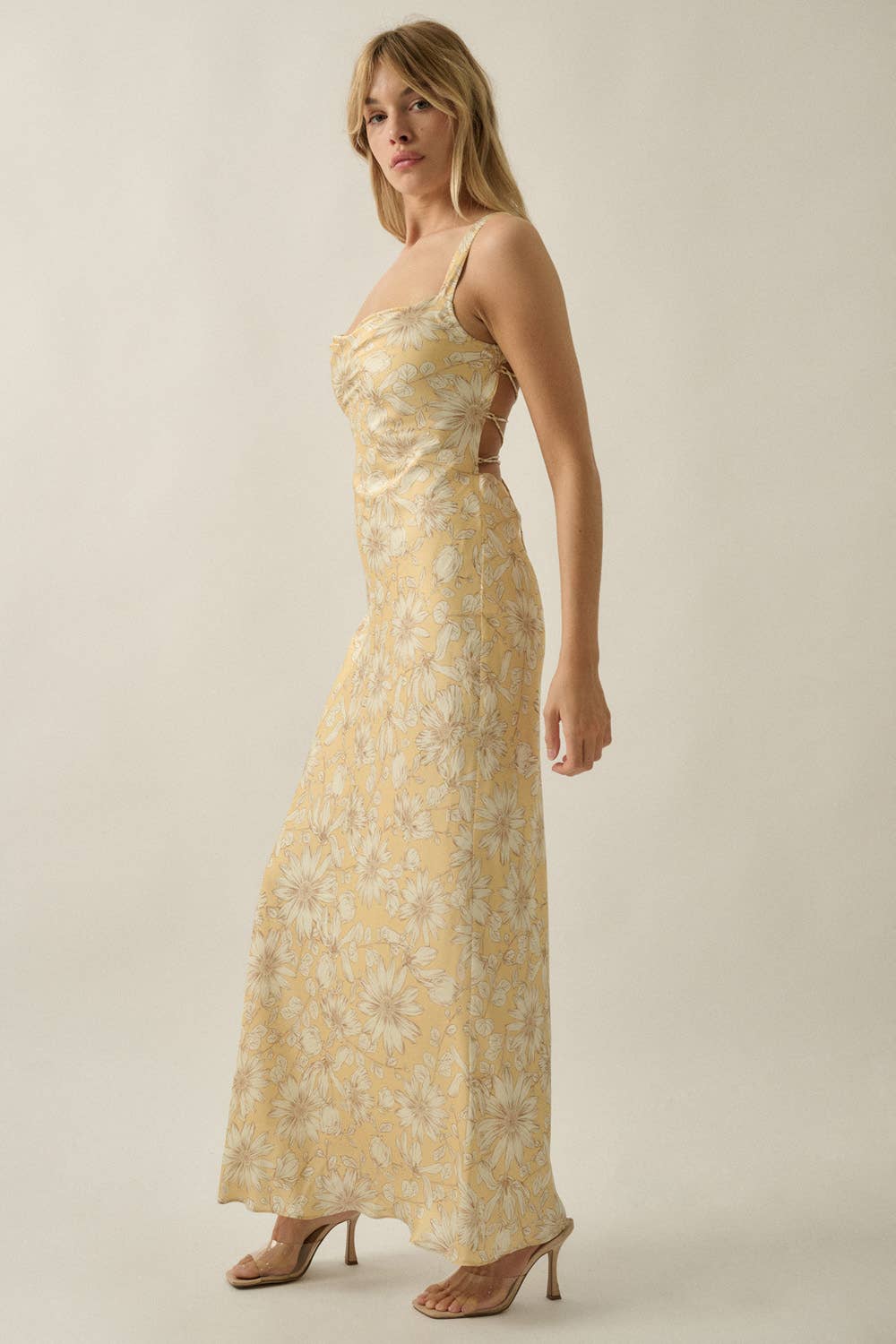 Satin Open-Back Lace Up Maxi Dress